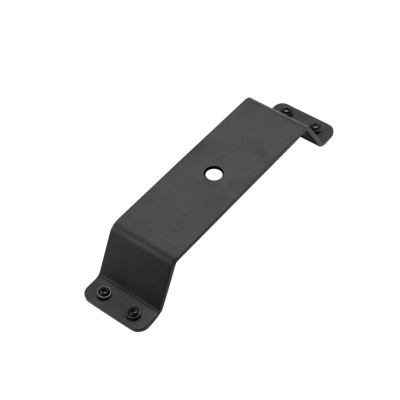 Suporte metálico preto com orifício e parafusos