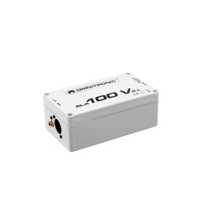 Dispositivo electrónico branco compacto com texto OMNITRONIC e BLA 100 V