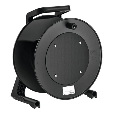 Bobina ou suporte de cabo preto redondo em plástico com pega e base