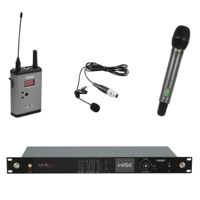 Equipamento de áudio profissional com microfone de mão, microfone de lapela com transmissor e amplificador recetor