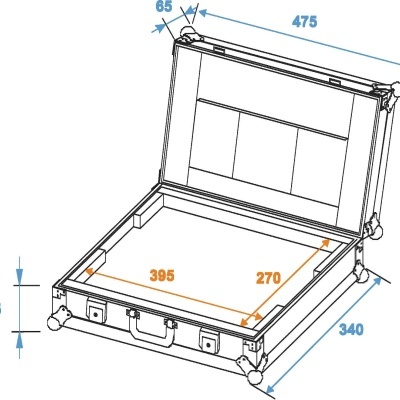 Desenho técnico de mala aberta com dimensões em milímetros