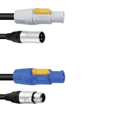 Dois cabos de áudio com conectores XLR e Speakon de cores branca e azul com botões amarelos