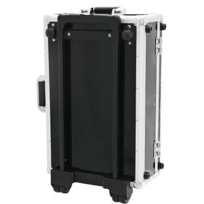 Mala de transporte rígida preta e branca com rodas e pega retrátil