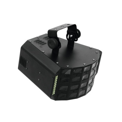 Projetor de luz LED preto com múltiplas lentes e suporte ajustável sobre fundo branco