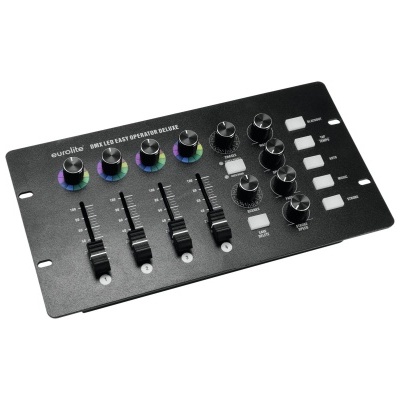 Mesa de mistura de DJ preta com múltiplos controlos e botões coloridos.