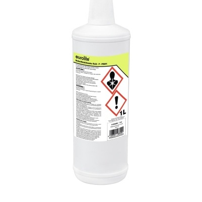 garrafa de plástico branco com rótulo amarelo e preto com texto e símbolos de perigo