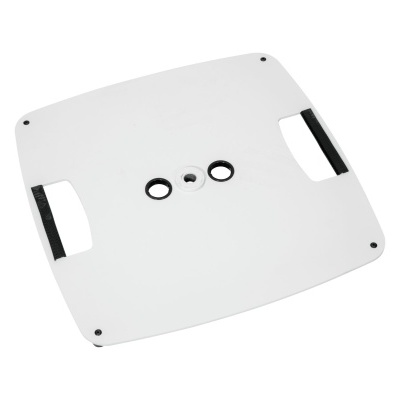 Base quadrada branca com aberturas laterais pretas e orifícios circulares no centro