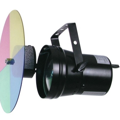 Projetor de luz preto com roda de cores colorida em quatro segmentos