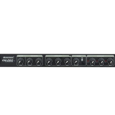 Amplificador de áudio profissional EM-260 preto com botões de controlo no painel frontal