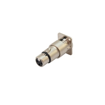 Conector XLR metálico prateado com base retangular