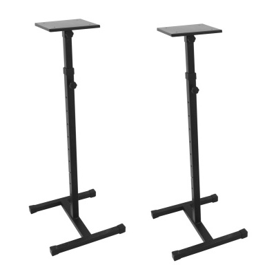 Suportes pretos ajustáveis para equipamento musical.