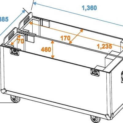 Caixa retangular metálica com rodas e alças e dimensões indicadas em azul e laranja.