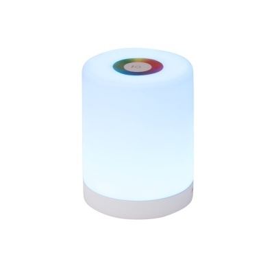 Luminária smart cilíndrica branca com base cinzenta e topo táctil colorido