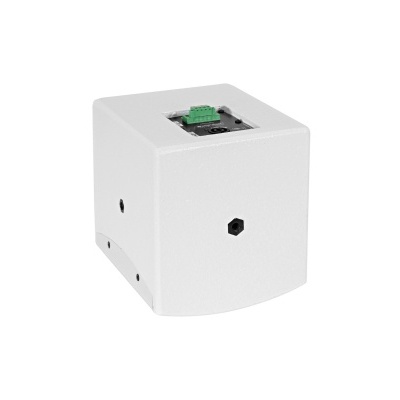 Caixa eletrónica cúbica branca com componentes na parte superior