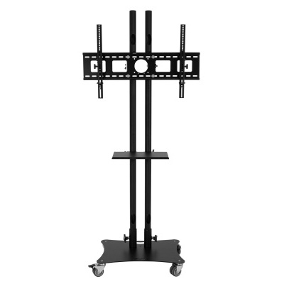 Suporte móvel preto para TV com rodas e prateleira
