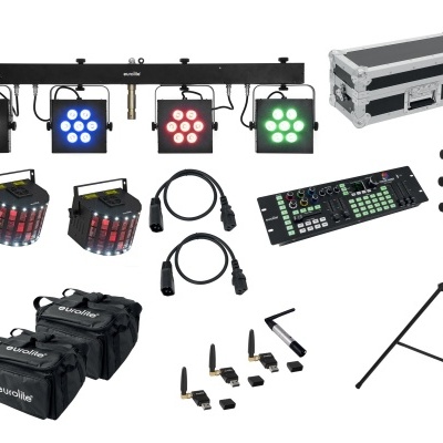 Equipamento de iluminação e som profissional composto por luzes LED coloridas, controlador, cabos, bolsa de transporte e tripé