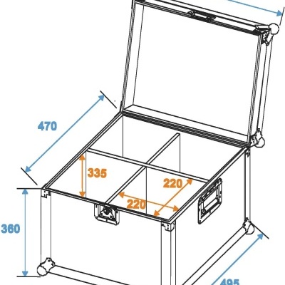 Caixa retangular preta aberta com divisórias internas e medidas técnicas.