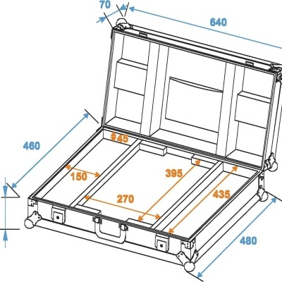 Mala de transporte preta com divisórias internas e dimensões indicadas.