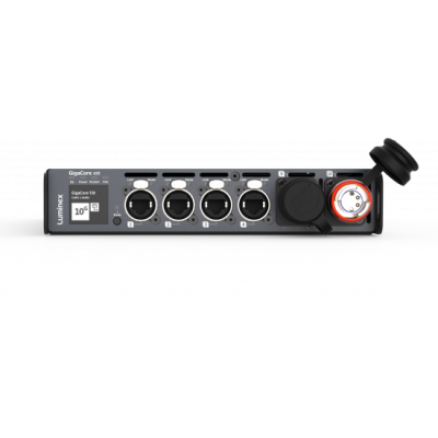 Interface de áudio preta LuminaX Gigacore 10t com portas XLR e indicadores