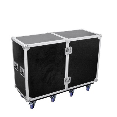 Mala de transporte preta com estrutura metálica e rodas azuis