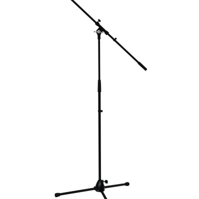 Suporte de microfone preto com base tripé e braço ajustável