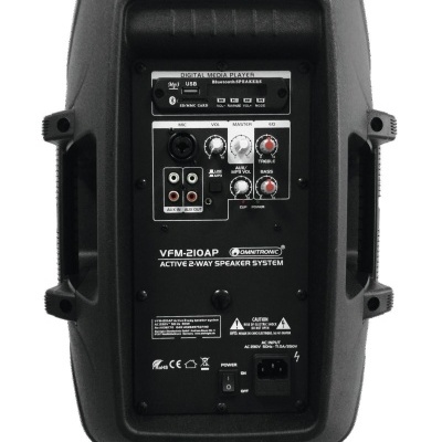 Coluna activa preta Omnitronic VFM-210AP com painel traseiro e controlos