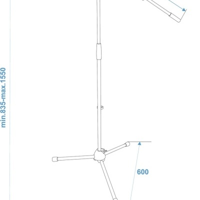 Desenho técnico de suporte de microfone ajustável com medidas e cabo de microfone de 5 metros