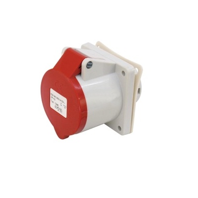 Tomada industrial branca e vermelha com etiqueta de texto