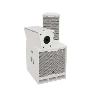 Colunas de som brancas com grelha cinza