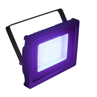 Refletor LED quadrado roxo com suporte metálico e luz branca