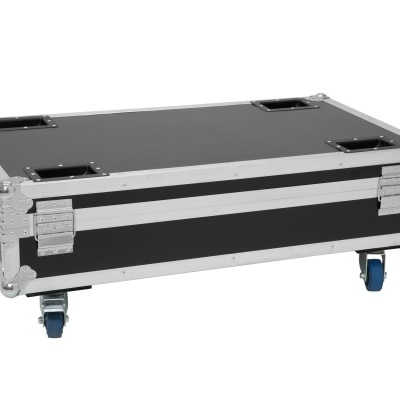 Mala de transporte preta com estrutura metálica e rodas azuis