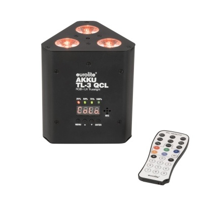 Spot triangular preto Eurolite AKKU TL-3 QCL com três luzes LED e telecomando branco