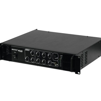 Amplificador de áudio preto com botões frontais e indicadores LED