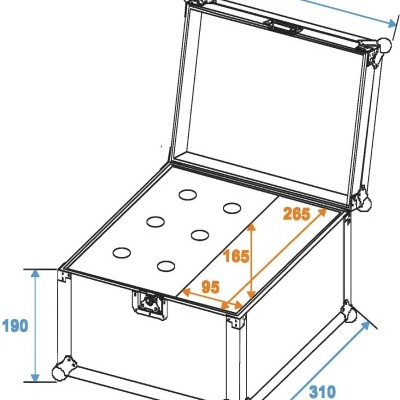 Caixa metálica retangular com tampa aberta e medidas técnicas em milímetros