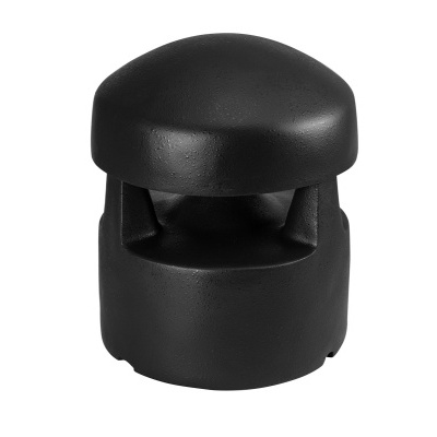 Dispositivo preto cilíndrico com abertura frontal, fundo branco