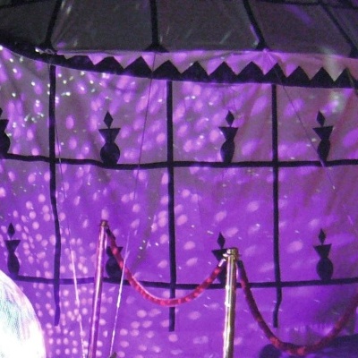 Globo luminoso com efeitos de luz, decoração com figuras de vasos, cordão de veludo e vaso com flores brancas