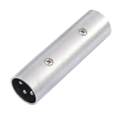 Conector metálico cilíndrico prateado com parafusos e pinos