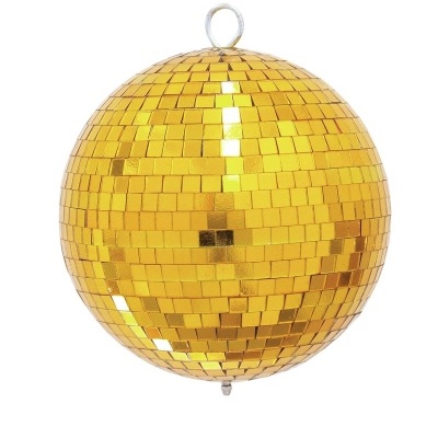Globo espelhado dourado com suporte metálico num fundo branco