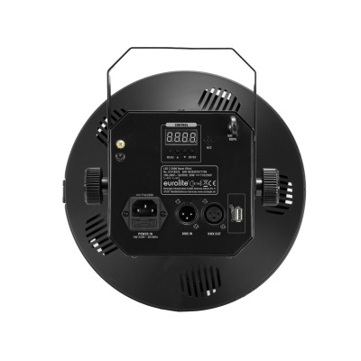 Holofote redondo preto com painel traseiro equipado e suporte metálico