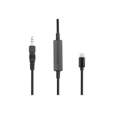 Cabo áudio preto com conector jack 3,5 mm e conector lightning