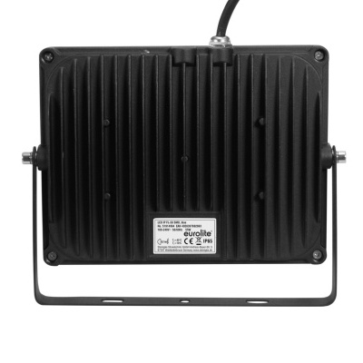 Refletor LED preto Wortyline com etiqueta técnica e cabo preto