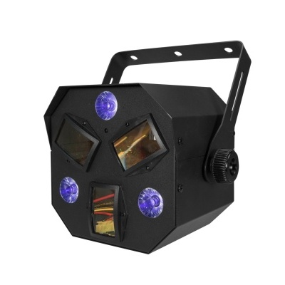 Projetor de luz LED preto com quatro lentes prismáticas e LEDs azuis