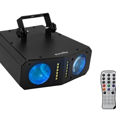 Sistema de iluminação LED preto com lentes azuis e comando remoto branco