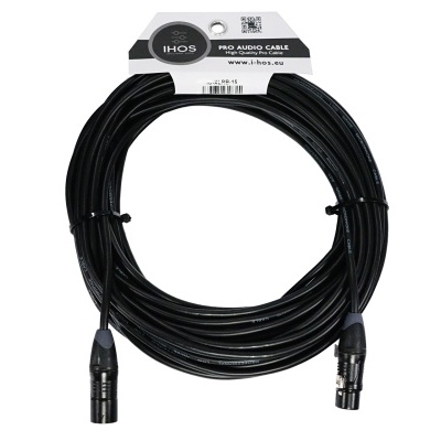 Cabo de áudio profissional preto com conectores XLR e etiqueta IHOS PRO AUDIO CABLE
