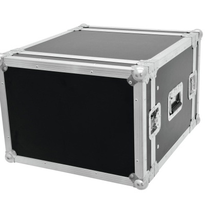 Caixa de transporte preta com estrutura metálica prateada e pegas embutidas