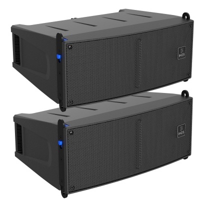 Dois altifalantes profissionais pretos empilhados com grades metálicas