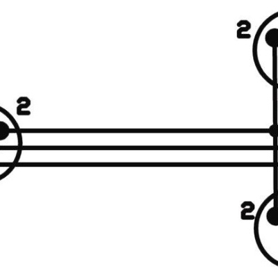 Diagrama elétrico com três círculos numerados e linhas interligadas.