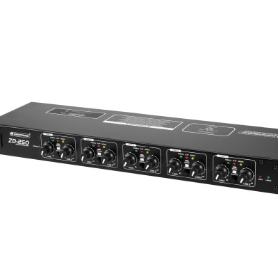 Amplificador de áudio profissional preto com cinco secções de controlo e texto ZO-250