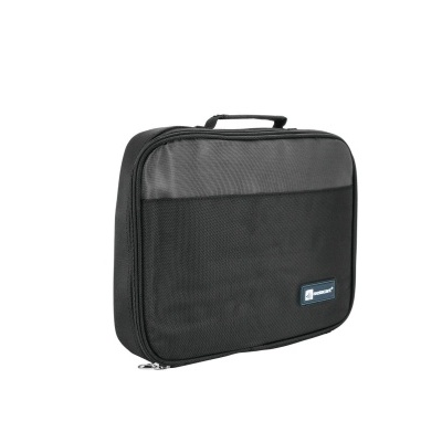 Mala preta em tecido sintético com fecho éclair e bolso frontal