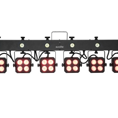 Sistema de iluminação profissional com seis refletores vermelhos e estrutura preta